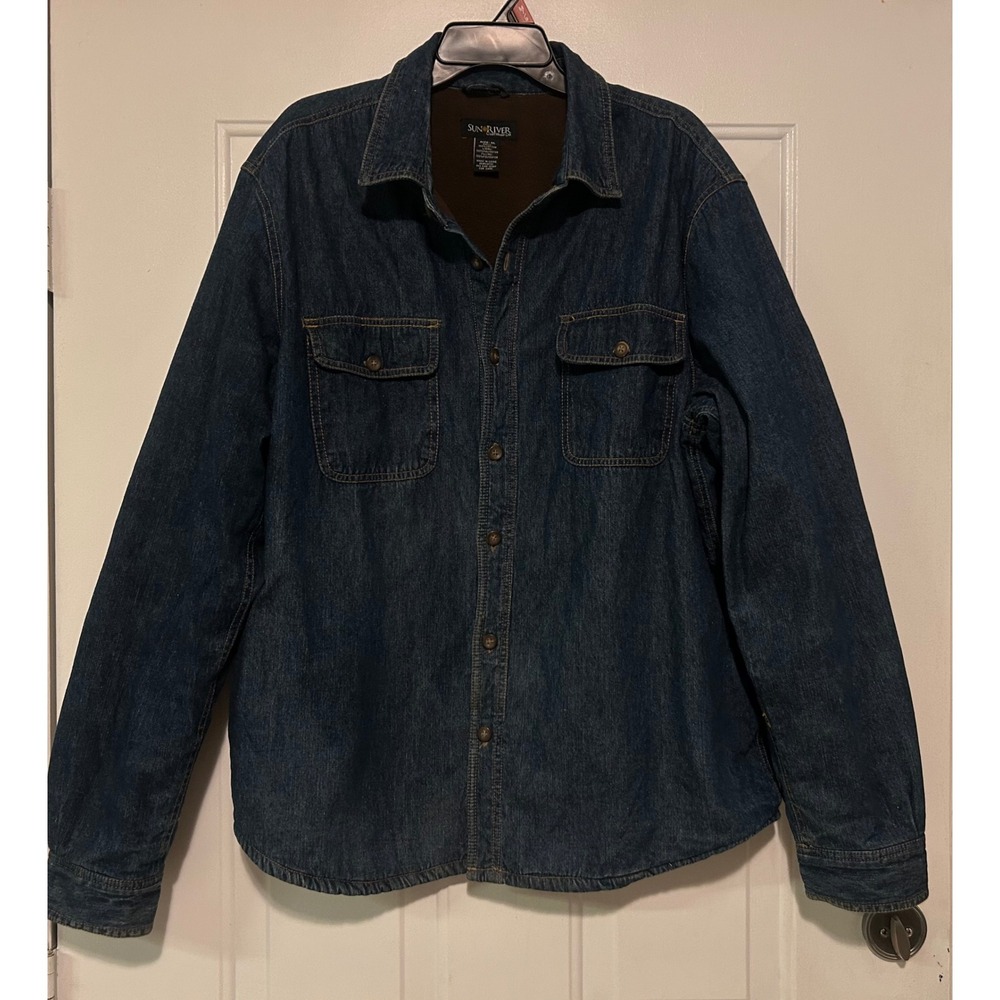 Vintage Sun River Mens XL Denim Shirt Jacket Brown Fleece Lined‎ Button Front